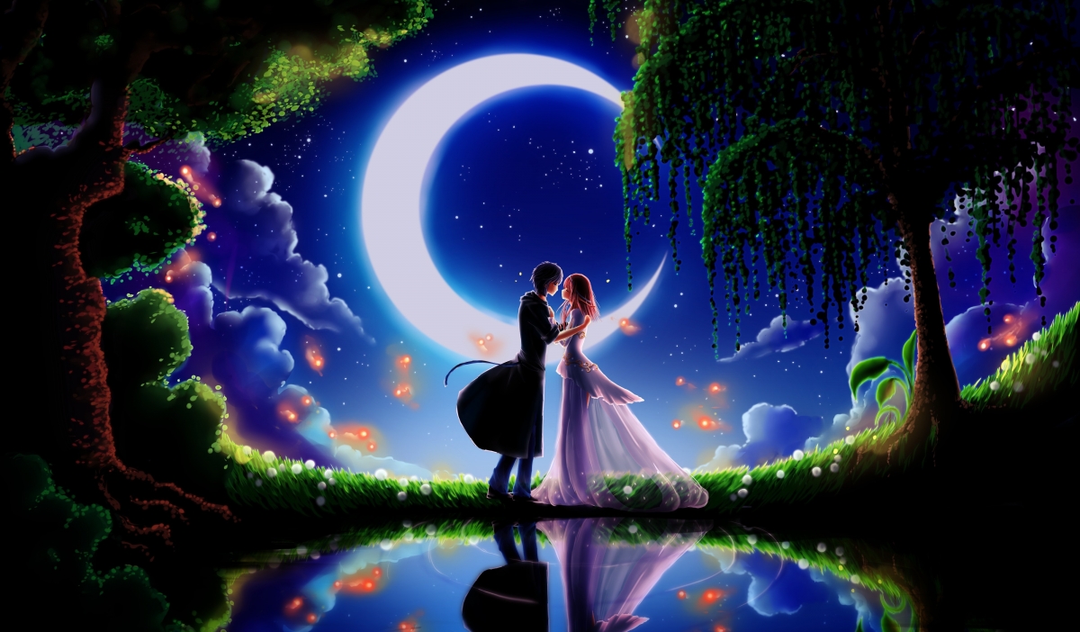 Night, clouds, moon, two people dating