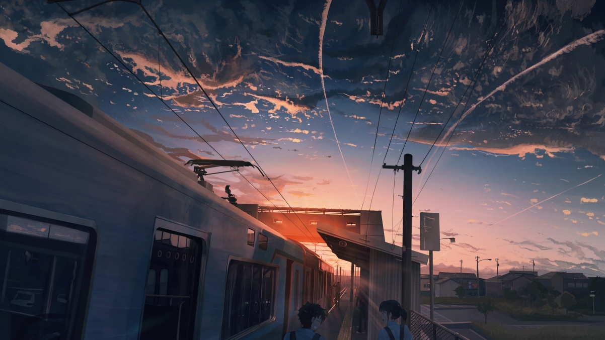 Sunset sky train clouds wires