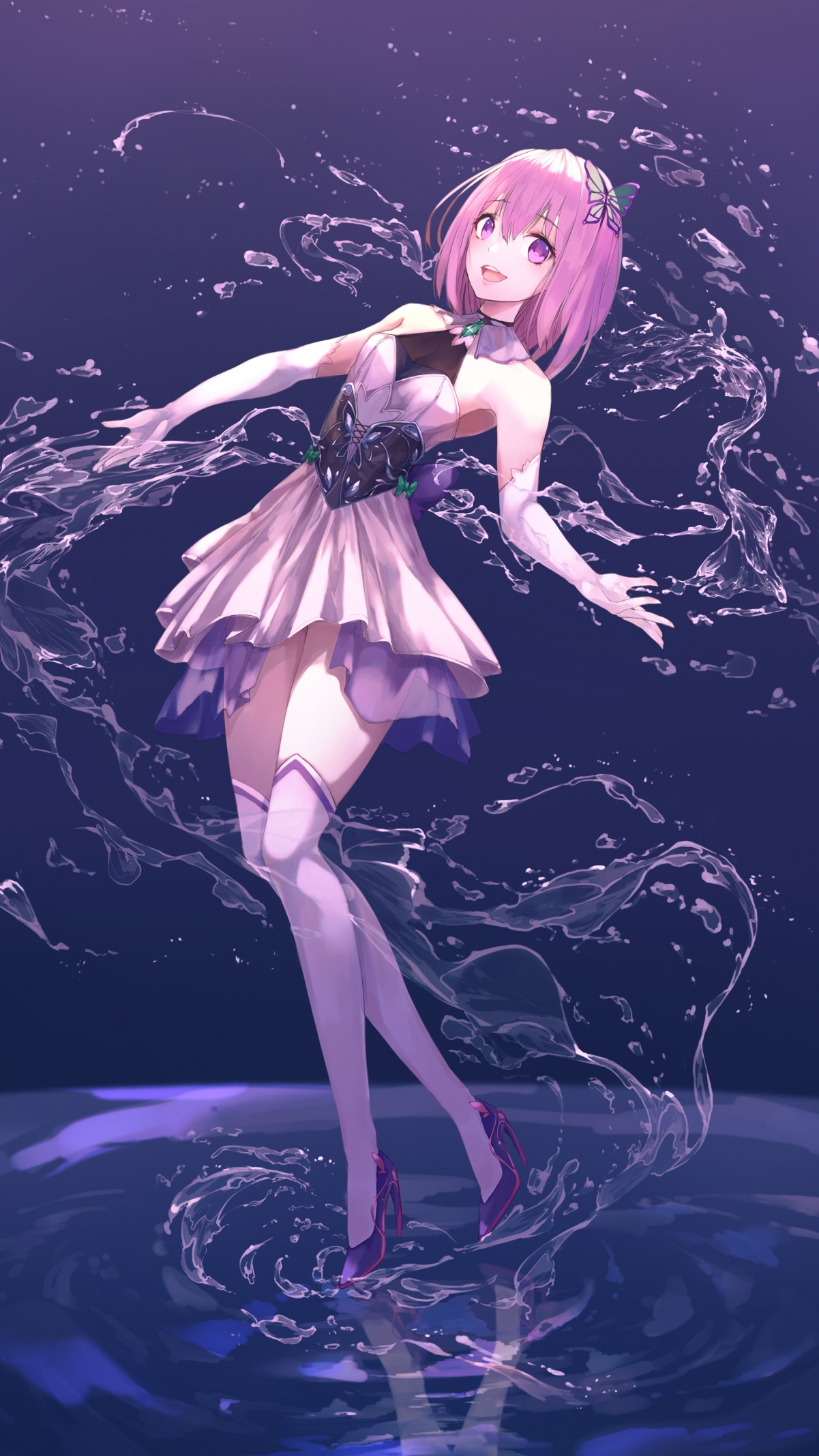 Girl purple eyes high heels water