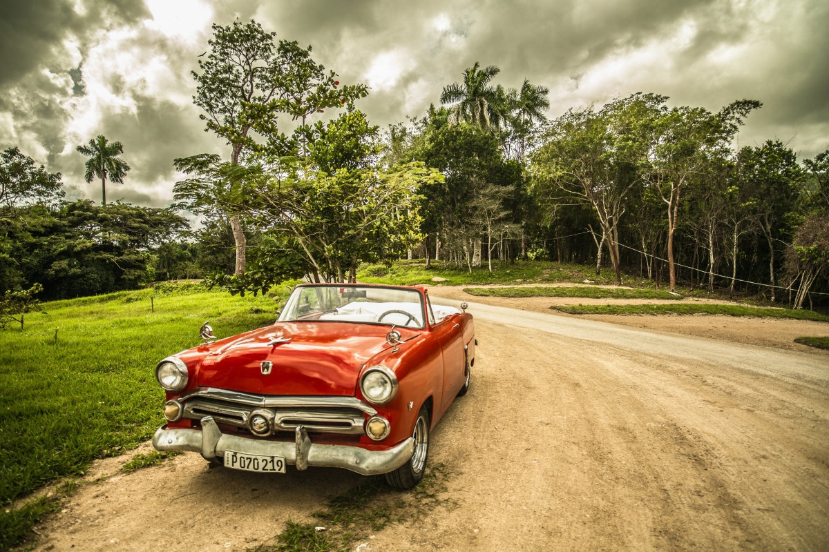 Cuban red old car forest 4k illustration