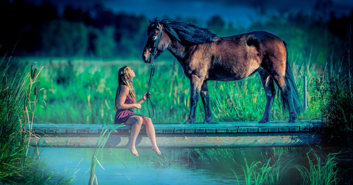 Canal Bridge Girl and Horse 4K Wallpaper