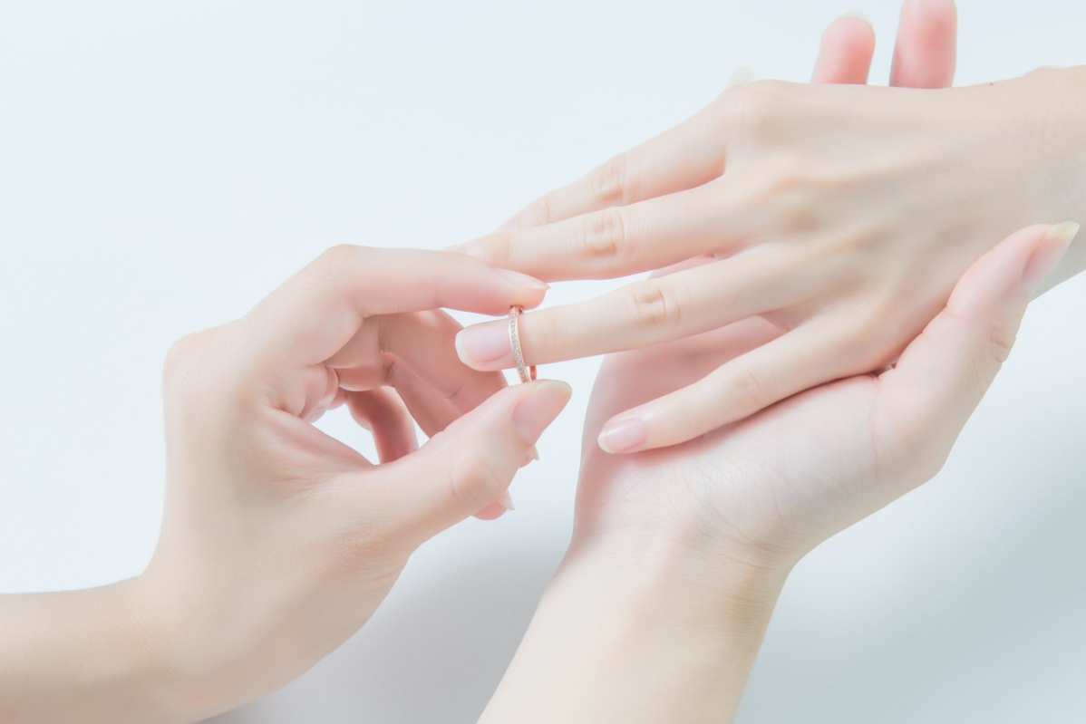 Close-up view of men and women proposal ring hands