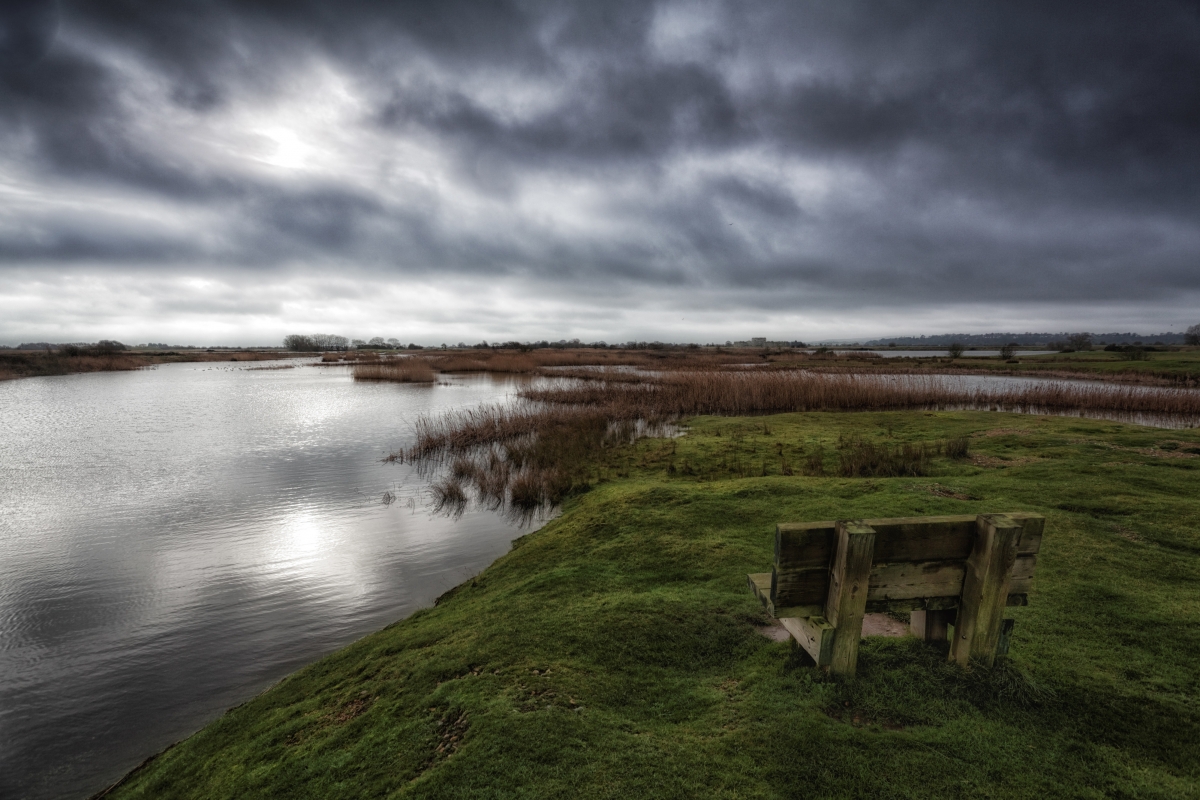 Bench Grass Cloud River 4K Landscape