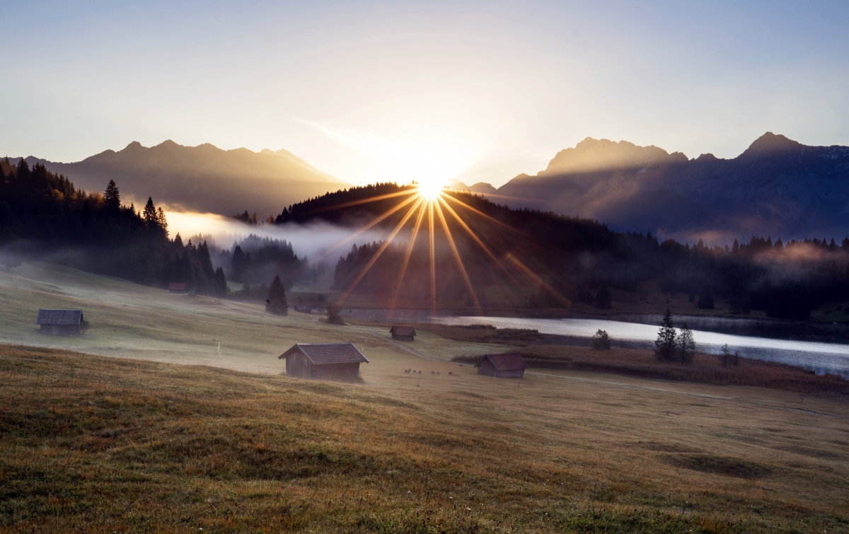 Morning mountain woods cabin house