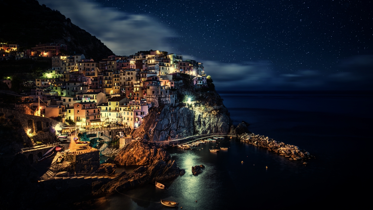 Night view of the small town of Manarola, Italy