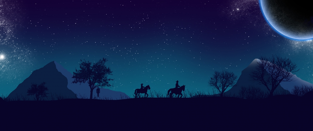 Night, mountains, starry sky, people, horse, 344