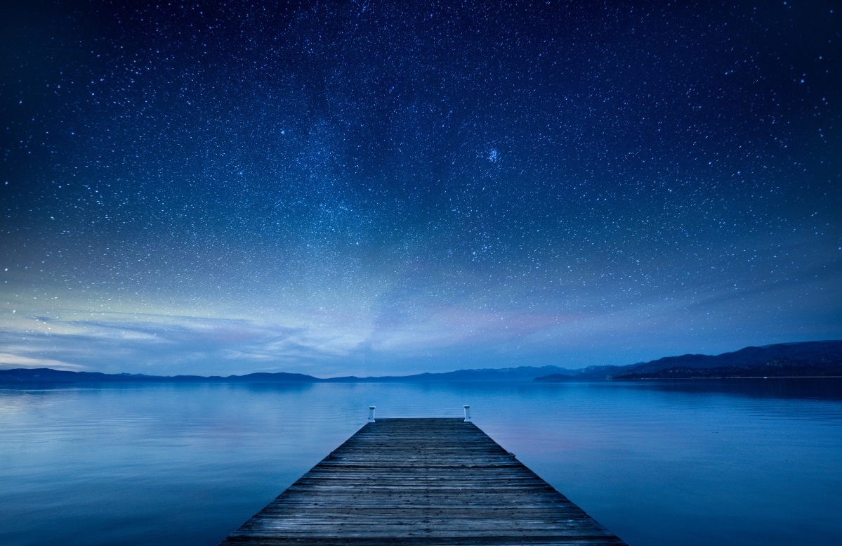 Night, lake, pier, sky, stars