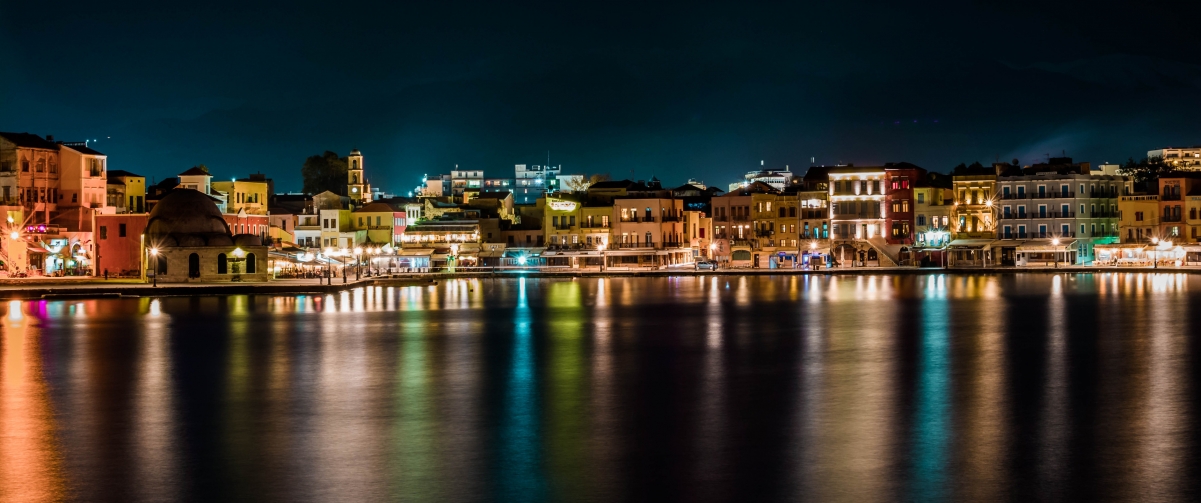 Night waterside city landscape 3440x1