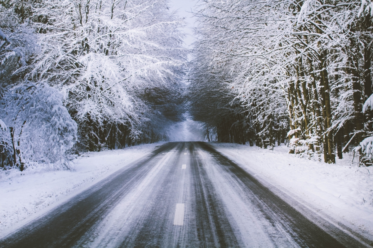 Snow landscape tree road 5k landscape wallpaper