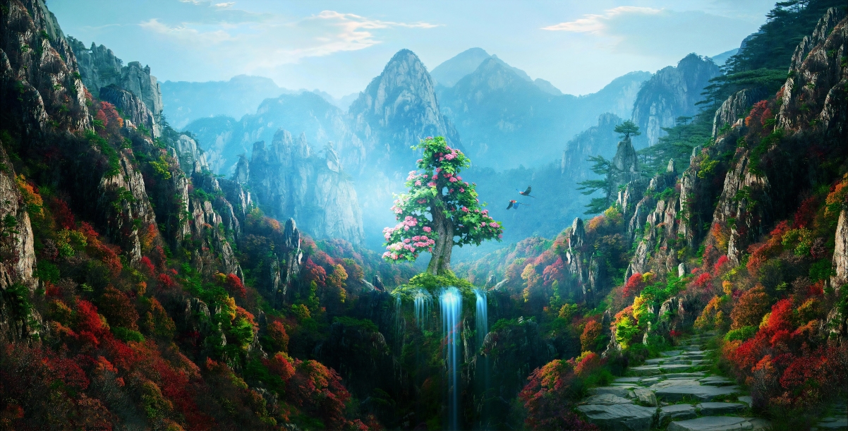 Wonderland Mountain Tree Flower Valley Waterfall