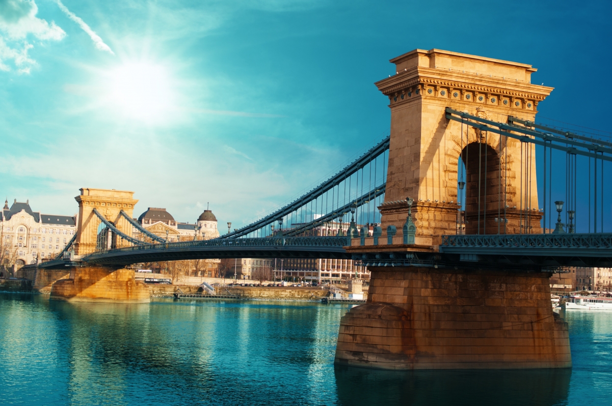 Suspension bridge in summer city Hungary