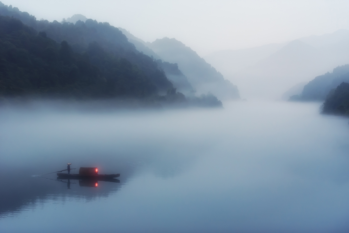 Fishing boat in the fog 4k landscape wallpaper
