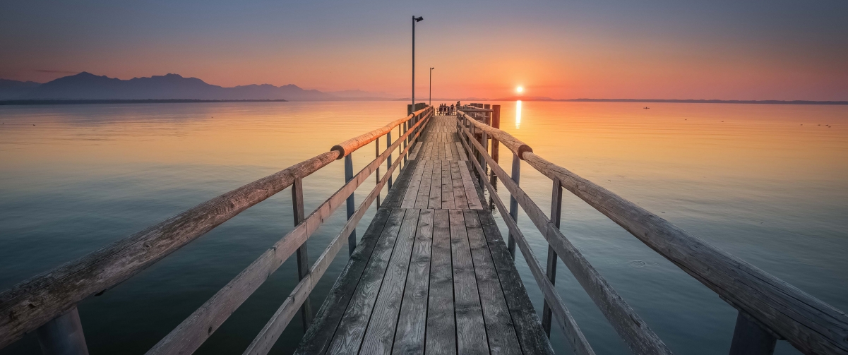 Beautiful sunset wooden path 3440x144