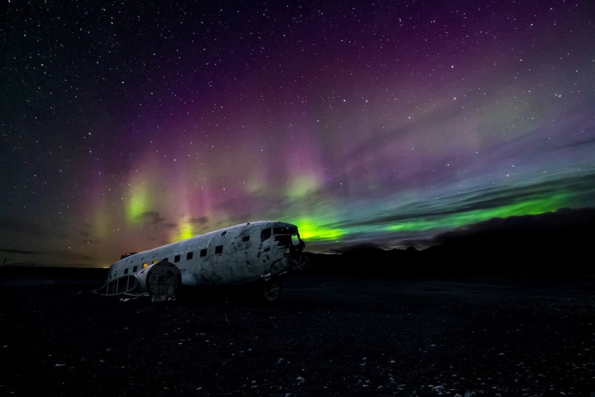 Aurora at night with purple sky