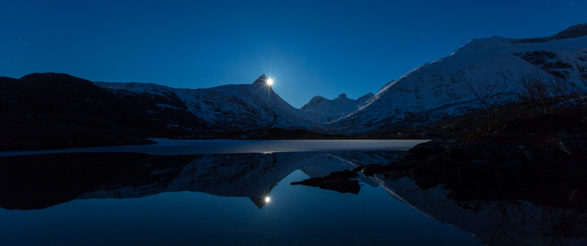 Night, moon, lake, norwegian landscape