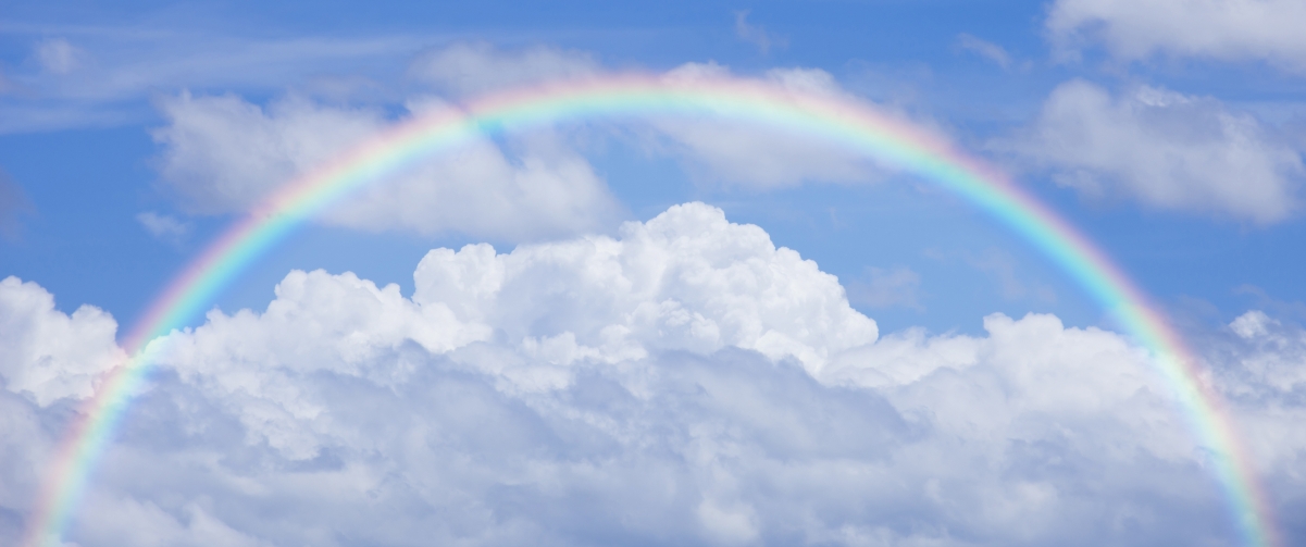 Sky with white clouds and beautiful rainbow 3440x1