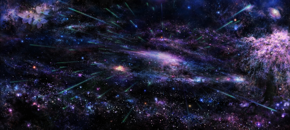 Sky, space, stars, trees, cherry blossoms