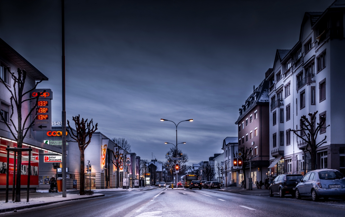 Switzerland, night, road, city, winter