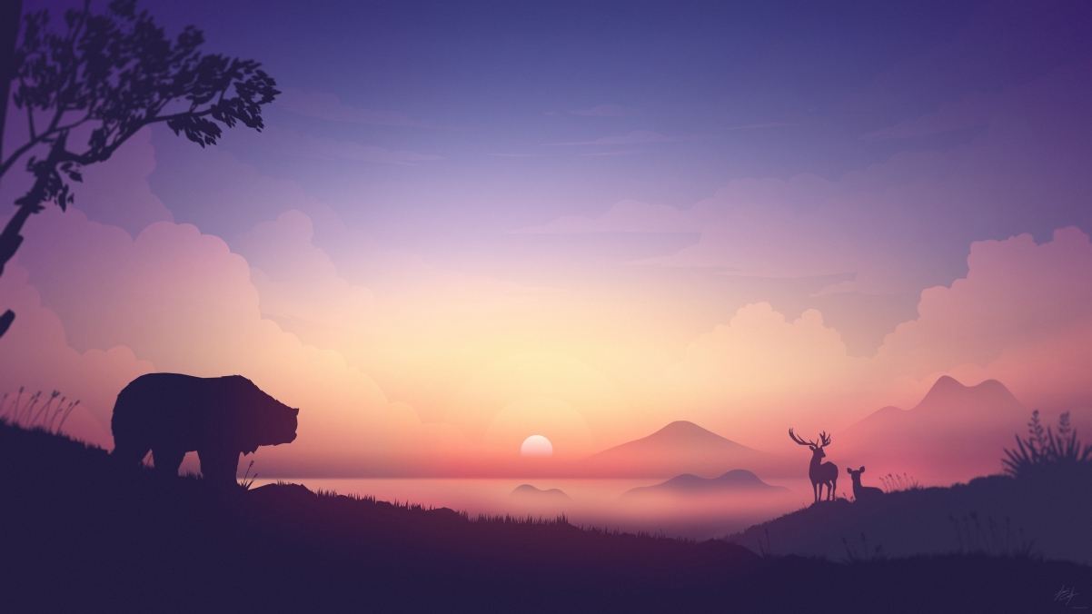 Sunrise, mountains, bear, deer, 4K landscape wall