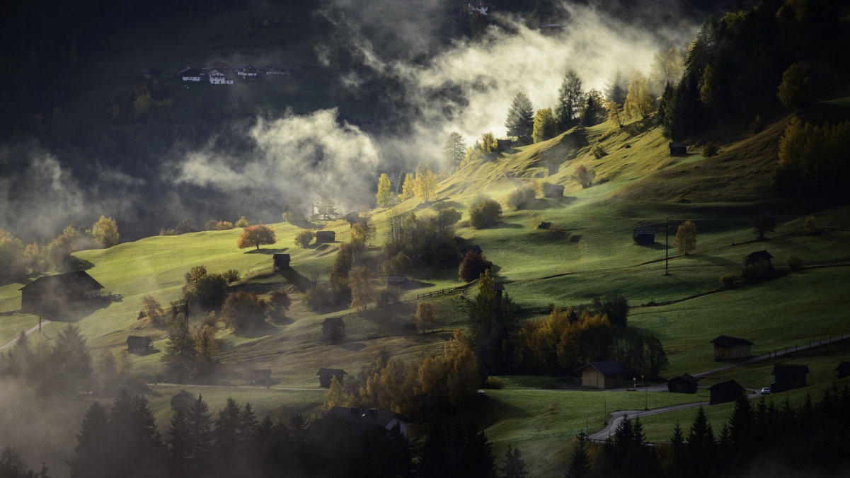 Autumn fog village dusk afternoon 7K