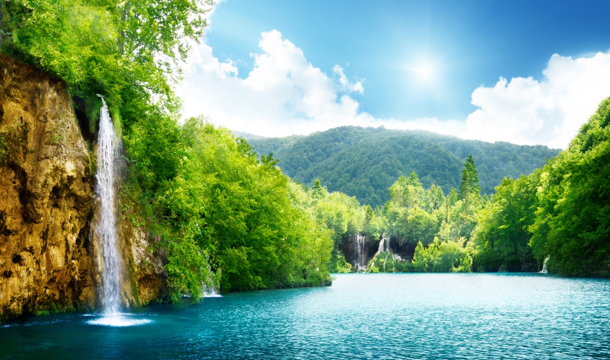 Waterfall, lake, trees, sky, clouds
