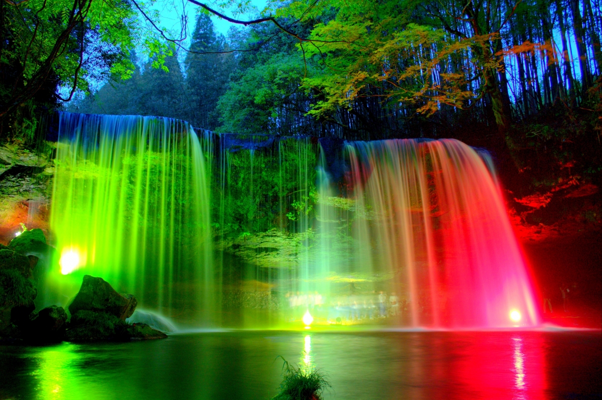 Waterfall, park, rocks, trees, night