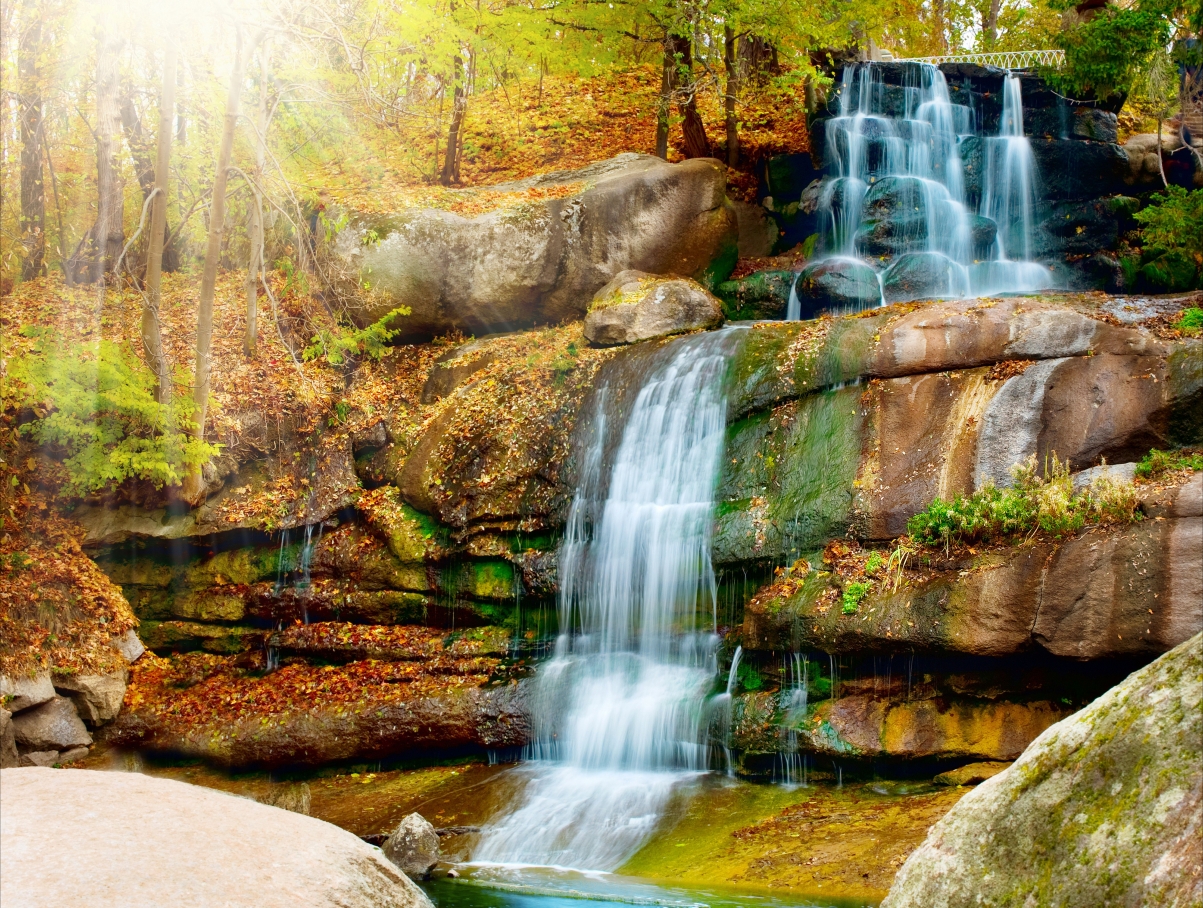 Waterfall autumn trees sunlight 6K