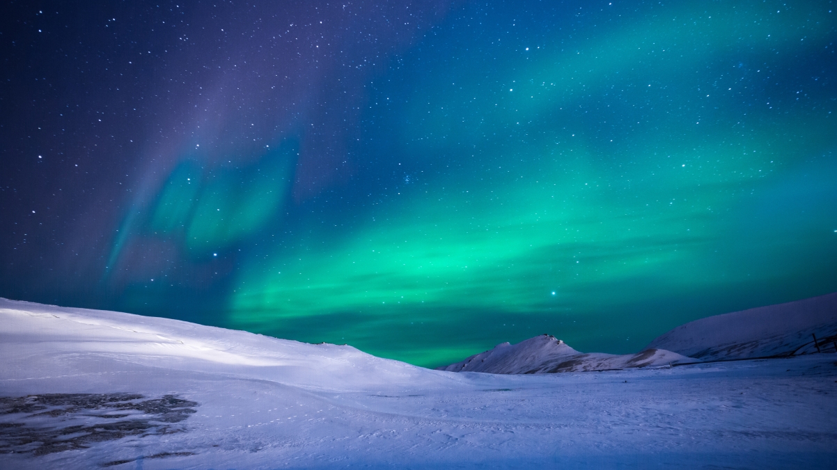 Beautiful aurora starry sky snow landscape 4k