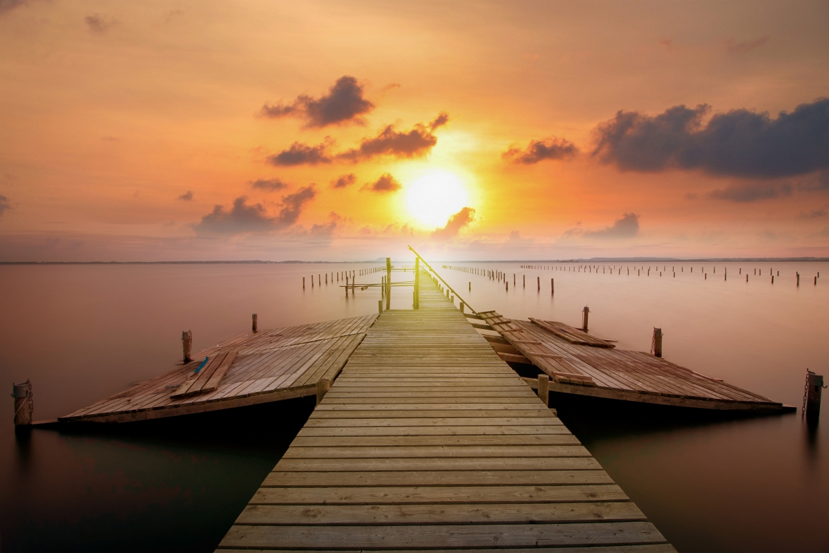 Pier sunset clouds landscape sun
