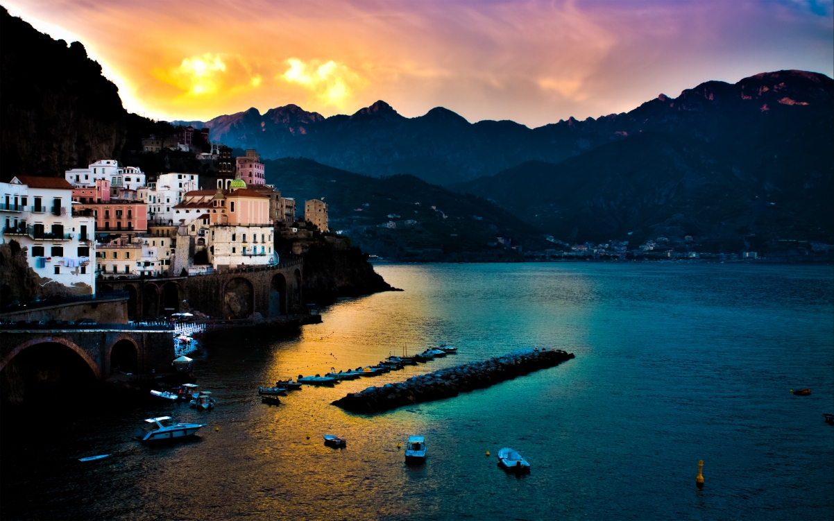 Sea sunset mountains ama, italy