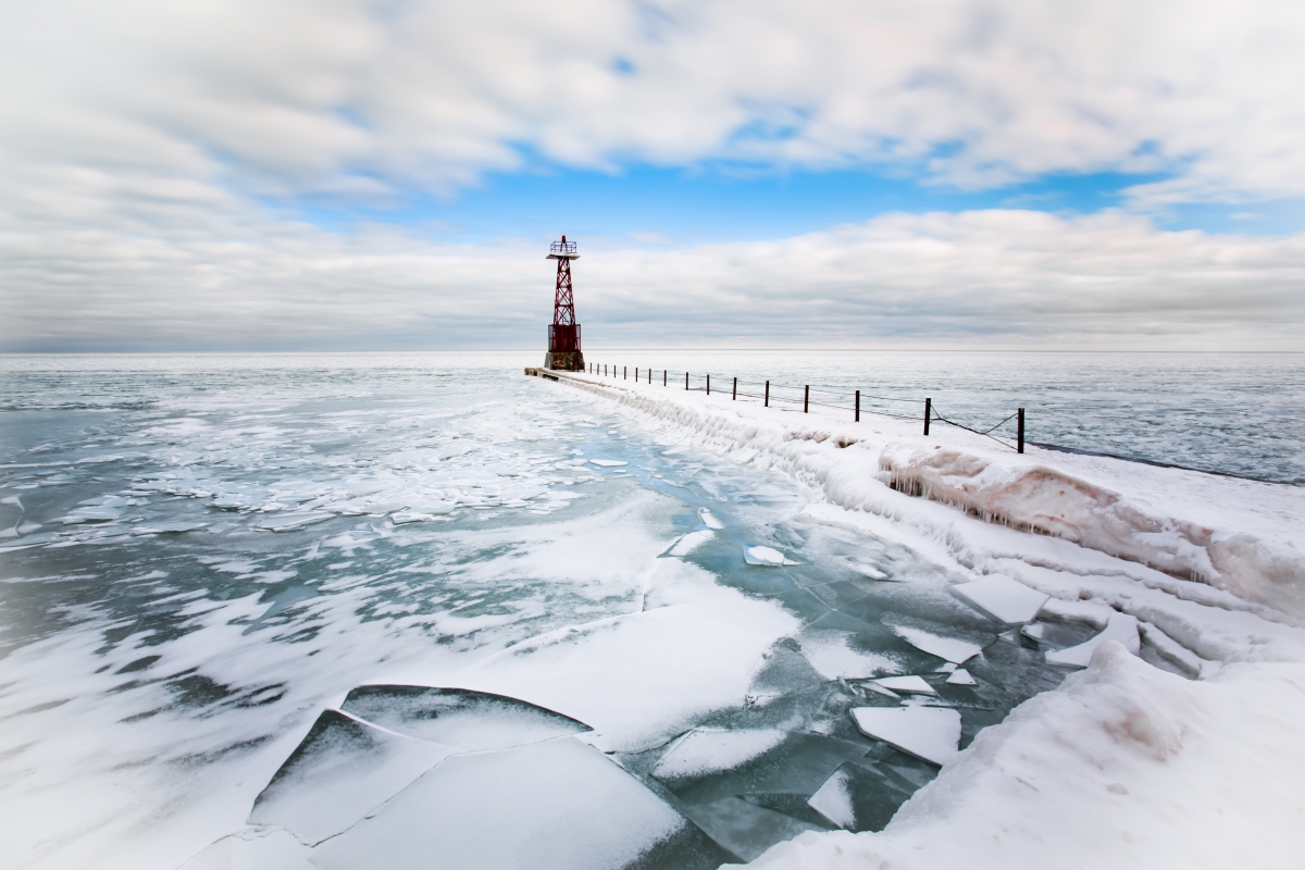Sea lighthouse ice 4k landscape wallpaper