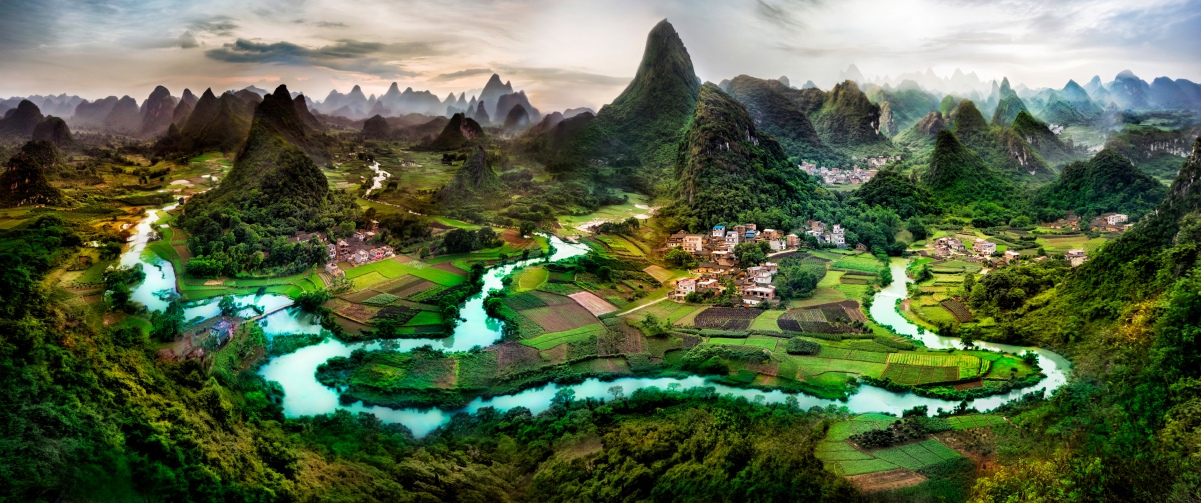 The panoramic bird of the landscape scenery of Guilin, Guangxi