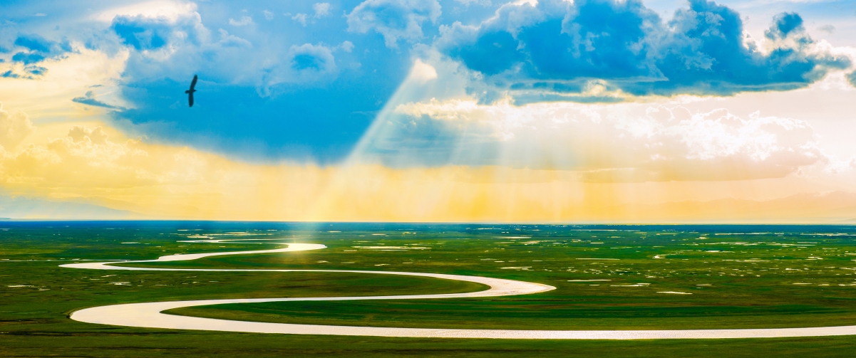 Illumination Grassland Qushui Scenery 3440x1