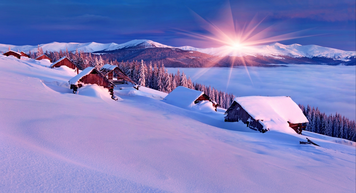 House, winter, snow, sky, sunlight
