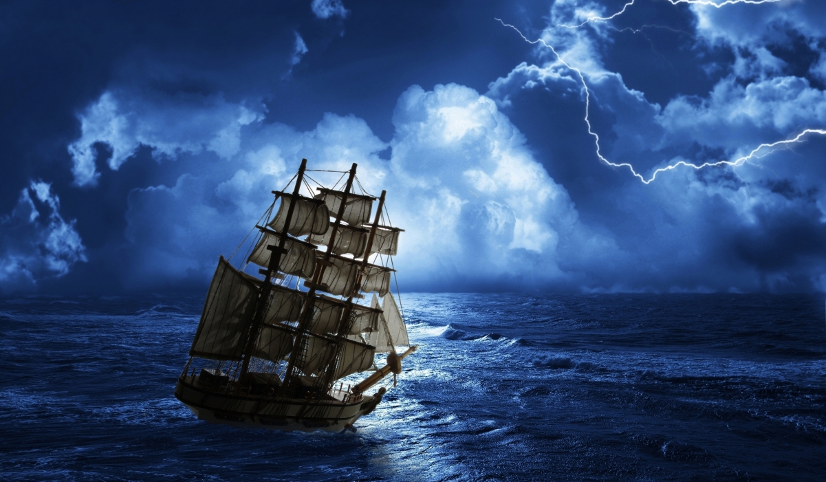 Sailboat ocean wave dark night lightning thunder