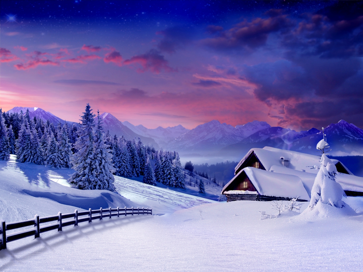 Winter landscape, snow, trees, hut