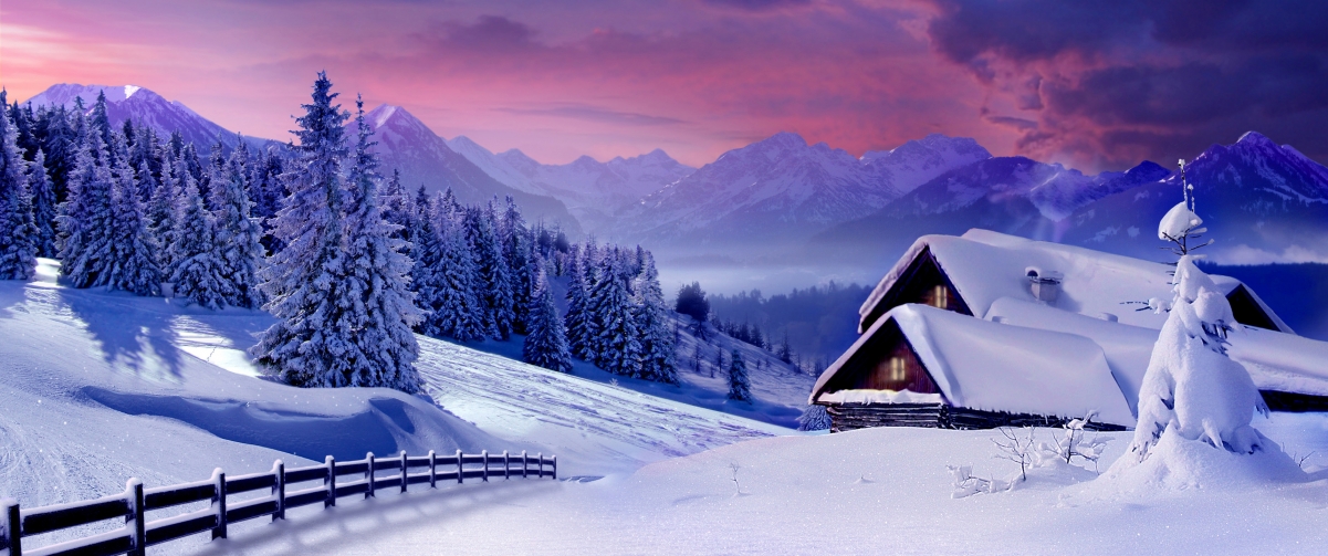 Winter, hut, village, fence, snow