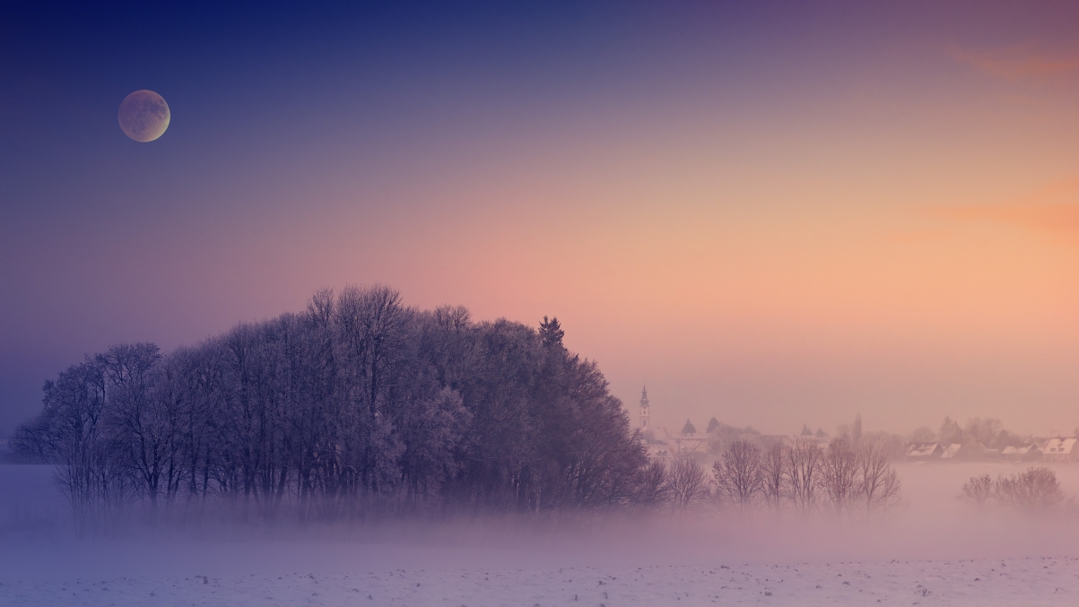 Winter fog village moon church light