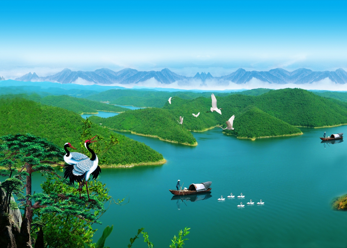 Great river, mountains, landscape, cranes