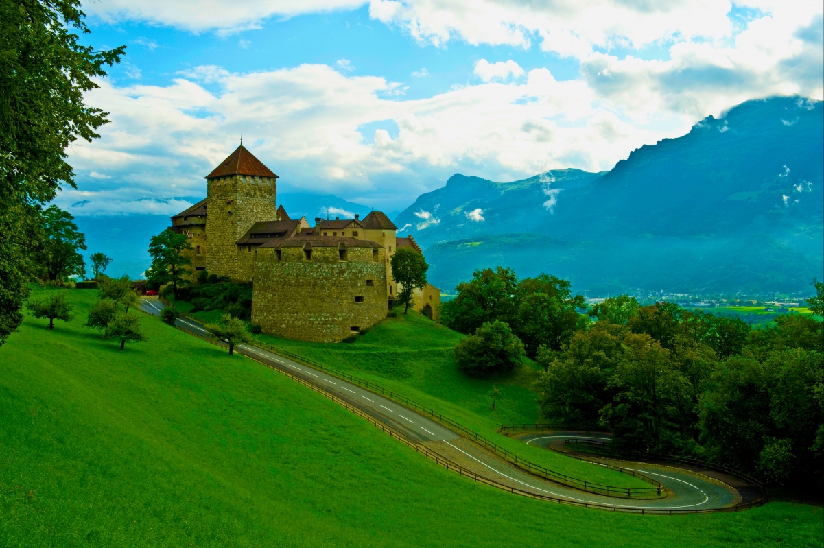 Castle, mountains, road, woods, sky
