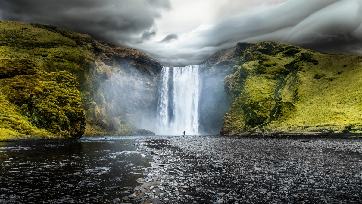 Waterfall on the river in southern Iceland 4K wind