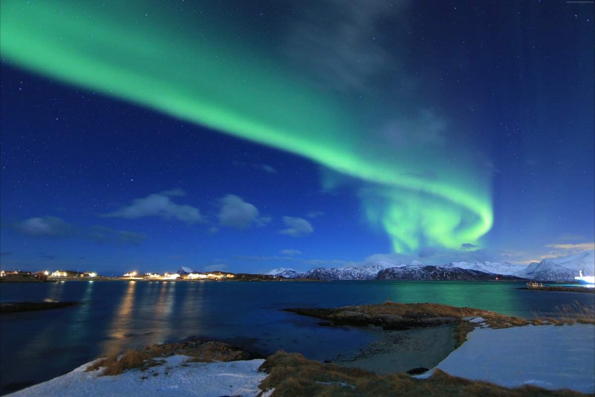 Northern lights, Norwegian lake, winter nature