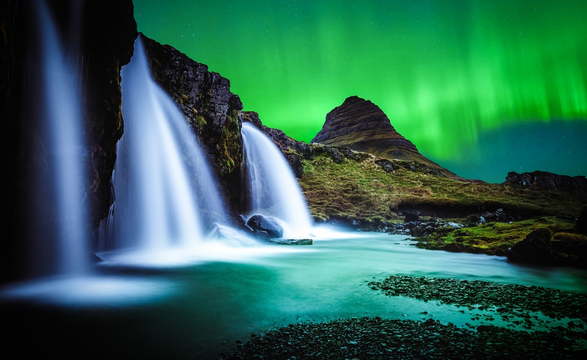 Northern Lights Waterfall HD 4k Landscape