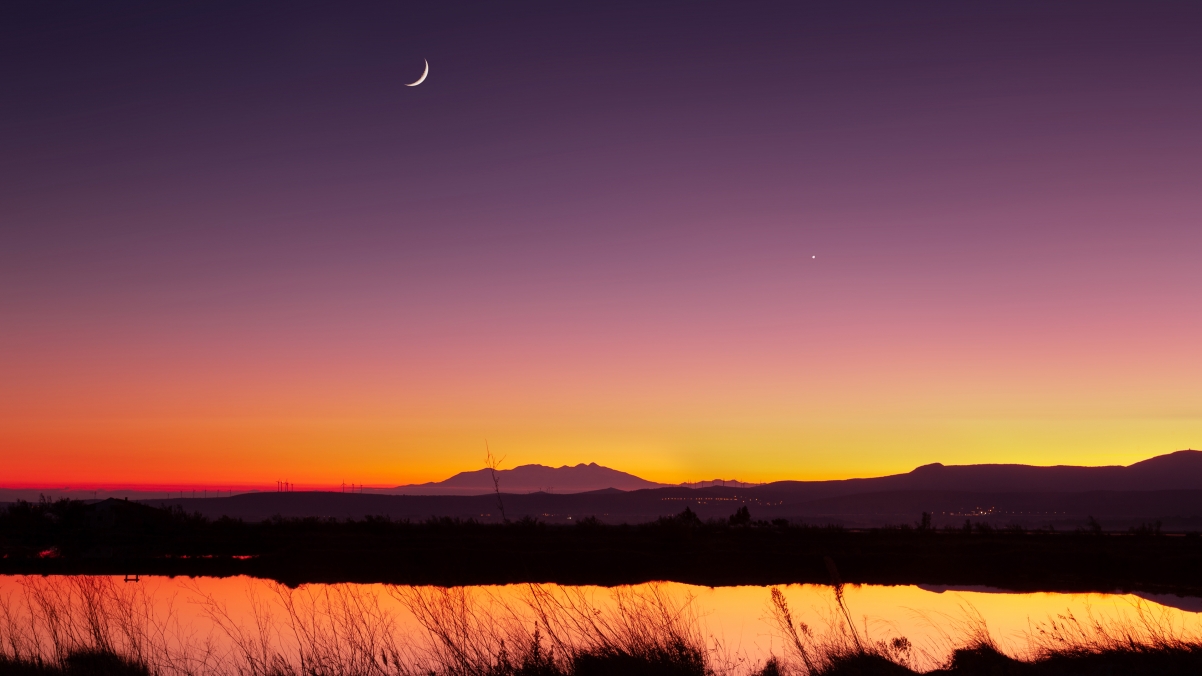 Half moon landscape sunset twilight lake