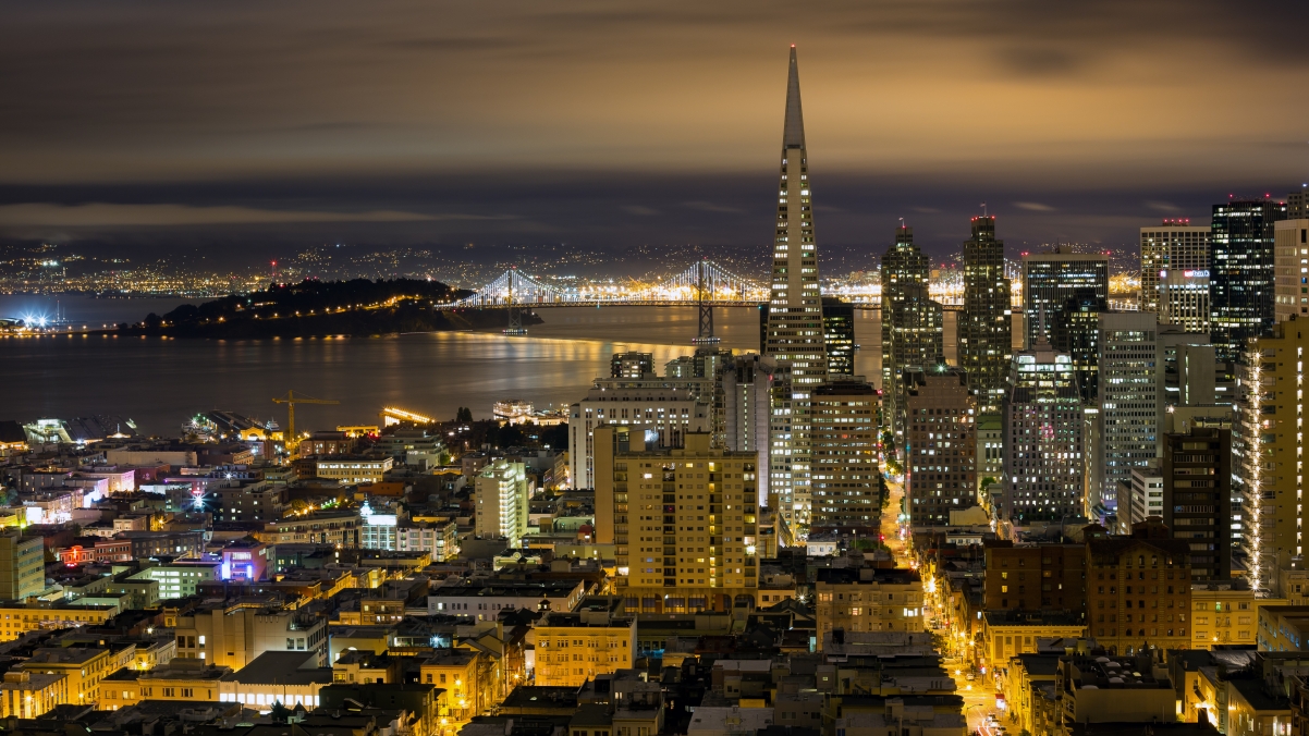 Beautiful panoramic view of SF night skyline