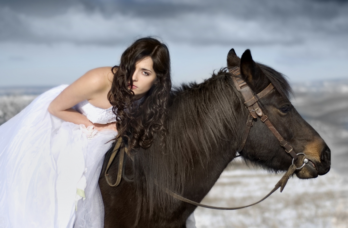 Bride with a horse in the snow 5K wall