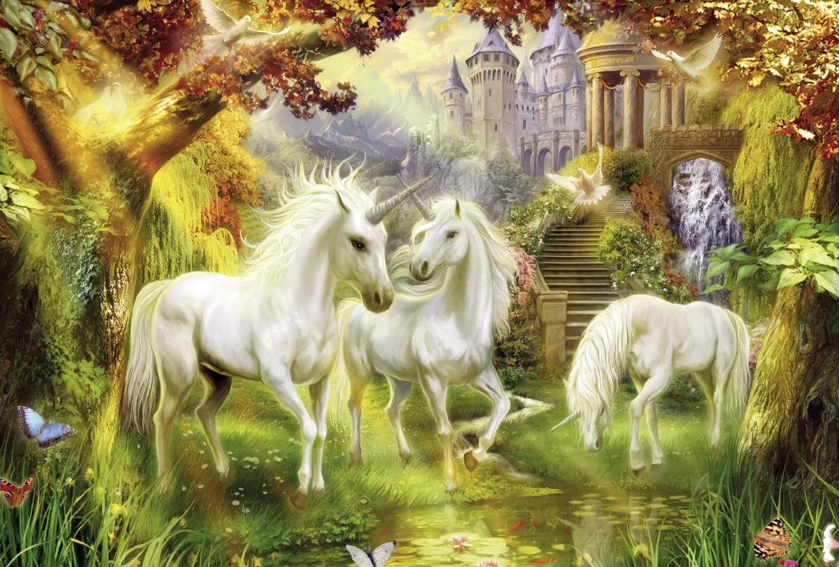 Unicorn, white horse, creek, fish, butterfly