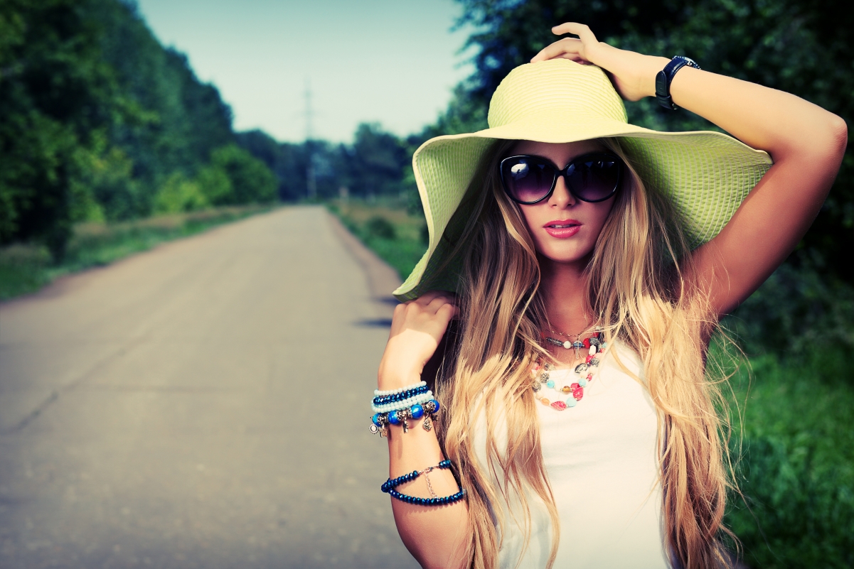 Long hair girl hat sunglasses 4K beauty