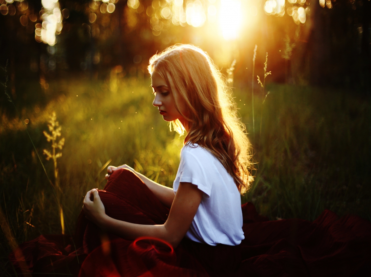 Morning, forest, grass, blonde girl