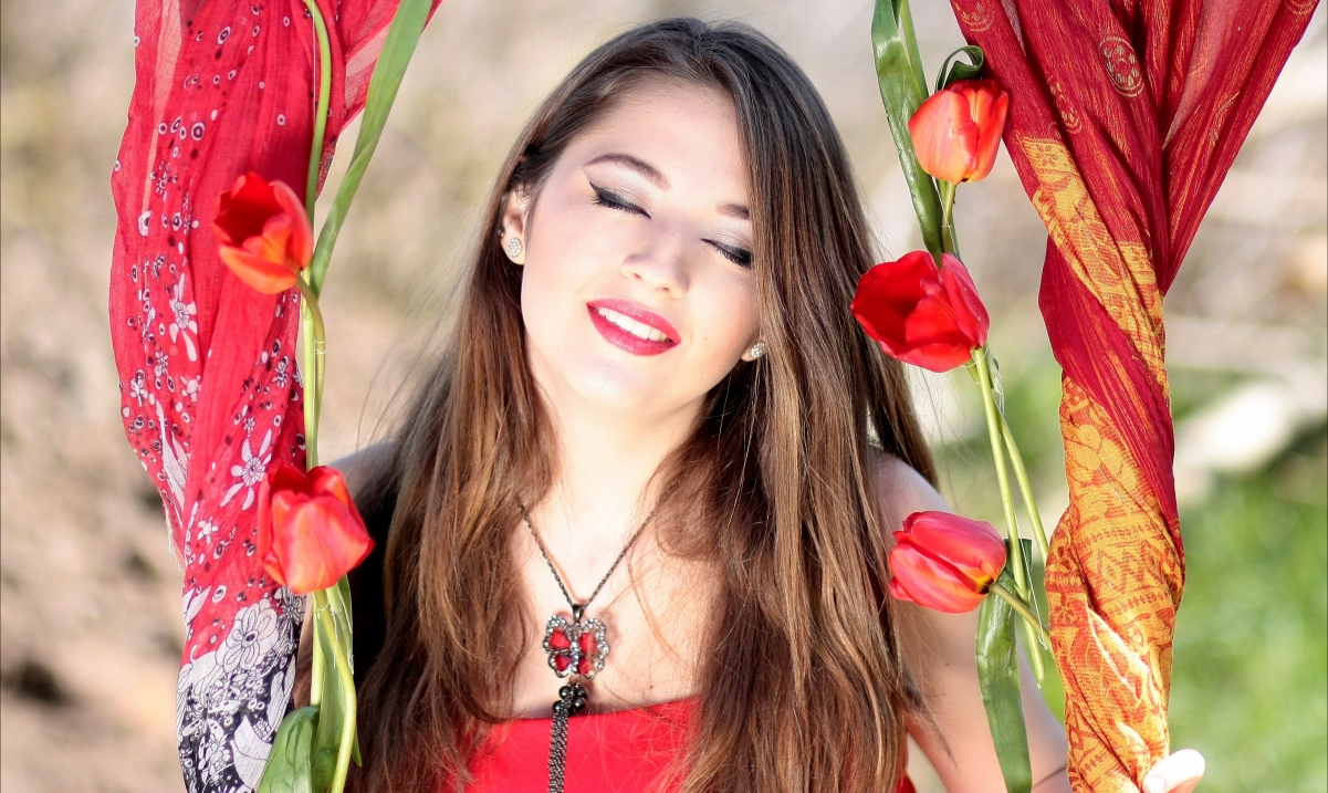 Sexy red lips with closed eyes